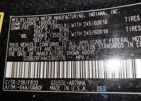 2019 Toyota Highlander Le z USA, uszkodzony, nr VIN 5TDBZRFH4KS960776